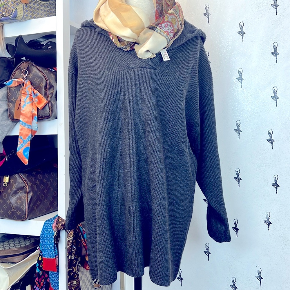 Banana Republic grey charcoal Ribbed Sweater Hoodie 100% merino wool unisex sz.M